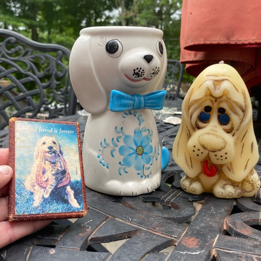 Cute Dog Set of Vintage Treasures Figurine with Blue Accents, Candle and Magnet